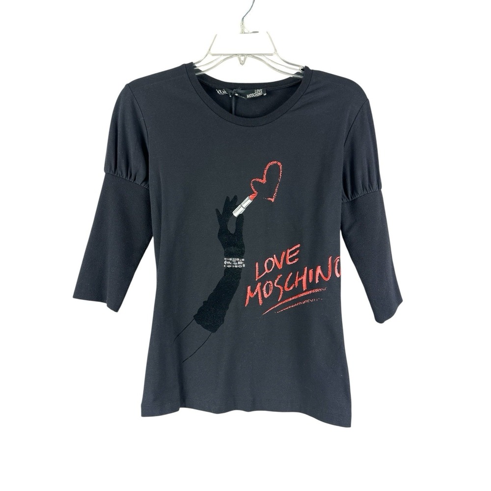 LOVE MOSCHINO Shirt Stretch Top Sz 8 Rhinestone NWT $195 Valentines Love